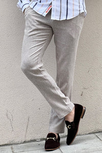 Simon Slim Fit High Quality Self Patterned Beige Linen Pants