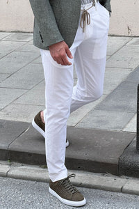 Simon Slim Fit High Quality Self Patterned White Cotton Pants