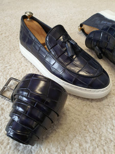 Ross Sardinelli Eva Sole Croc Design Navy Blue Tasseled Leather Shoes