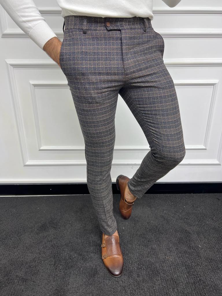 Checkered Pants Mens Grey Skinny Trousers Slim Fit Plaid Grey Men