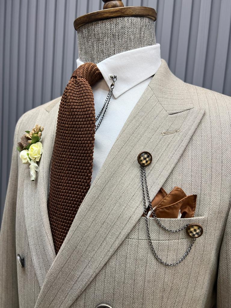 Noah Slim Fit Double Breasted Striped Beige Suit