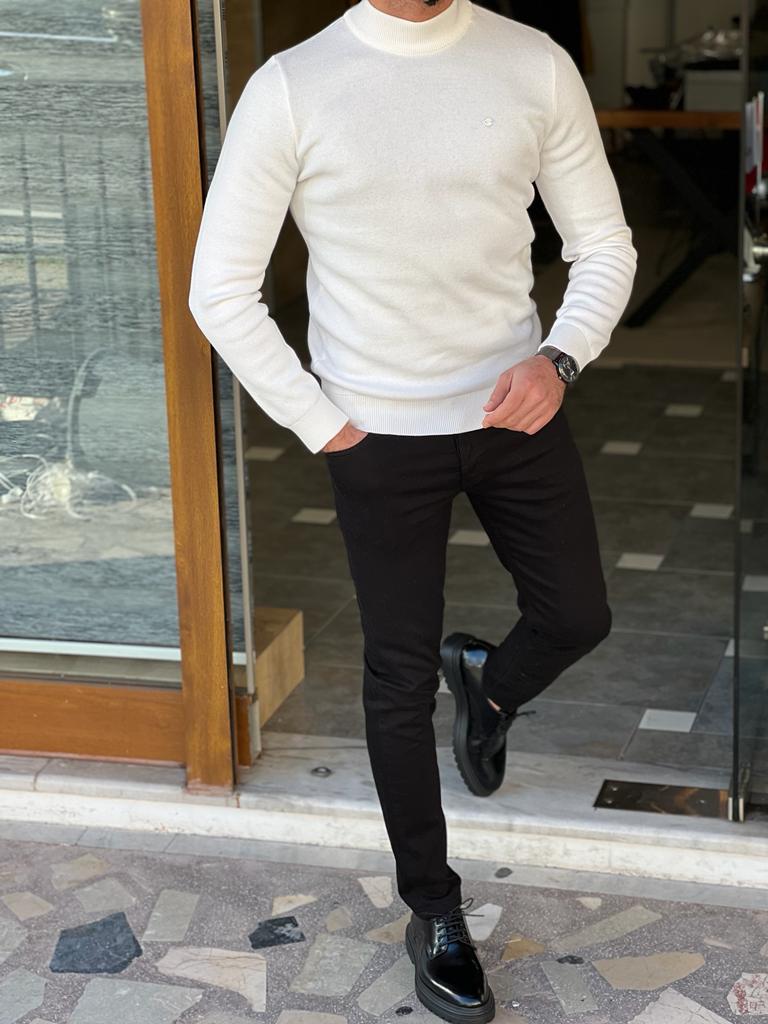 White Turtleneck Men Cardigan Over Turtleneck Nate Slim Fit White