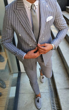 Load image into Gallery viewer, Verno Slim Fit Striped Double Breasted Grey & White Suit
