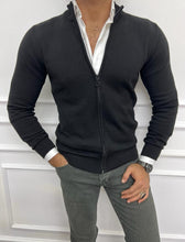 Load image into Gallery viewer, Leon Slim Fit Thin Zippered Black Cardigan Sweater
