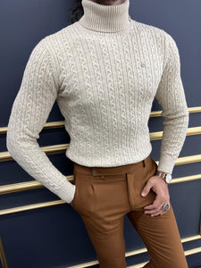Evan Slim Fit Beige Knitted Turtleneck Sweater