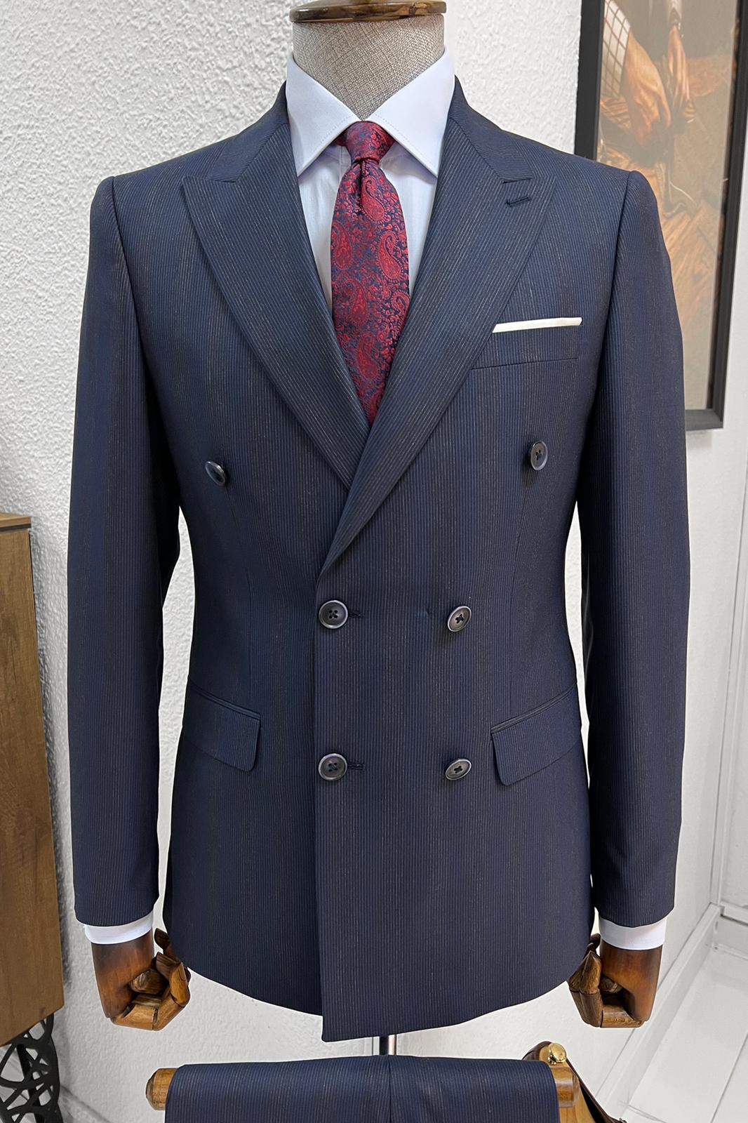 Simon Slim Fit Double Breasted Striped Navy Woolen Suit – MCR TAILOR