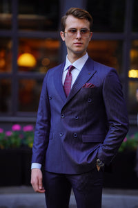 Jude Slim Fit Double Breasted Striped Navy Blue Suit