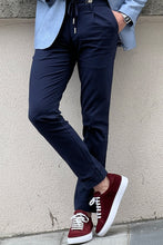 Load image into Gallery viewer, Simon Slim Fit High Quality Self Patterned Navy Cotton Pants
