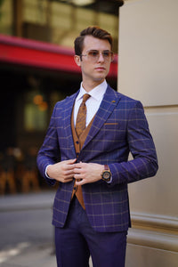 Jude Slim Fit Plaid Navy & Blue Woolen Combination Suit