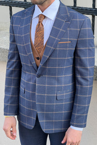 Simon Sim Fit Plaid Navy Blue Woolen Combination Suit