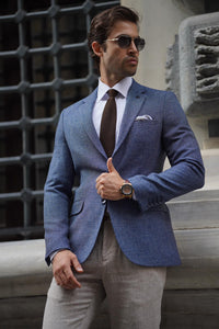 Simon Slim Fit High Quality Mono Collared Knitted Blue Blazer