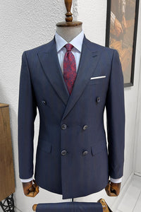 Simon Slim Fit Double Breasted Striped Navy Woolen Suit