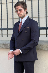 Simon Sim Fit Double Breasted Navy Blue Woolen Suit