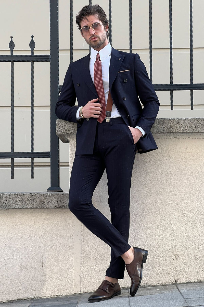 Simon Sim Fit Double Breasted Navy Blue Woolen Suit – MCR TAILOR