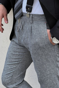 Simon Slim Fit High Quality Self Patterned Gray Linen Pants