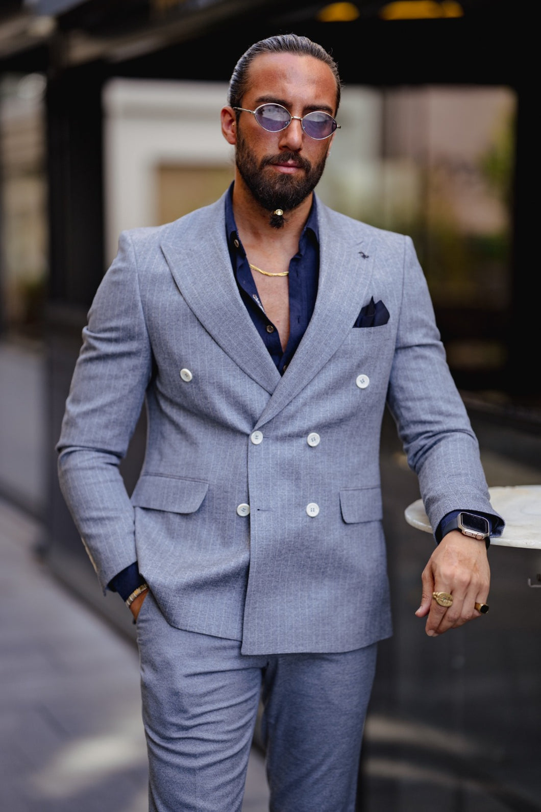 Stanley Line Detailed Pointed Collared Double Breasted Slim Fit Blue Suit