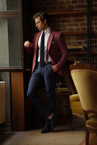 Simon High Quality Slim-fit Self-Patterned Cotton Claret Red Blazer