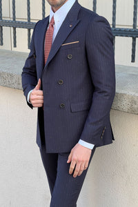 Simon Sim Fit Double Breasted Navy Blue Woolen Suit