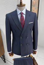 Load image into Gallery viewer, Simon Slim Fit Double Breasted Striped Navy Woolen Suit
