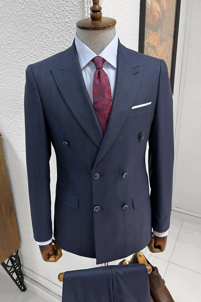 Simon Slim Fit Double Breasted Striped Navy Woolen Suit – MCR TAILOR