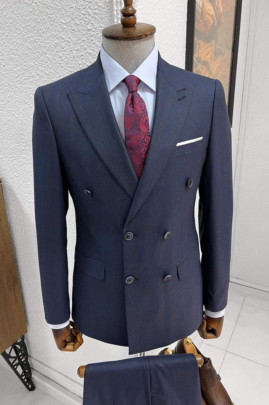 Simon Slim Fit Double Breasted Striped Navy Woolen Suit