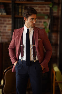 Simon High Quality Slim-fit Self-Patterned Cotton Claret Red Blazer