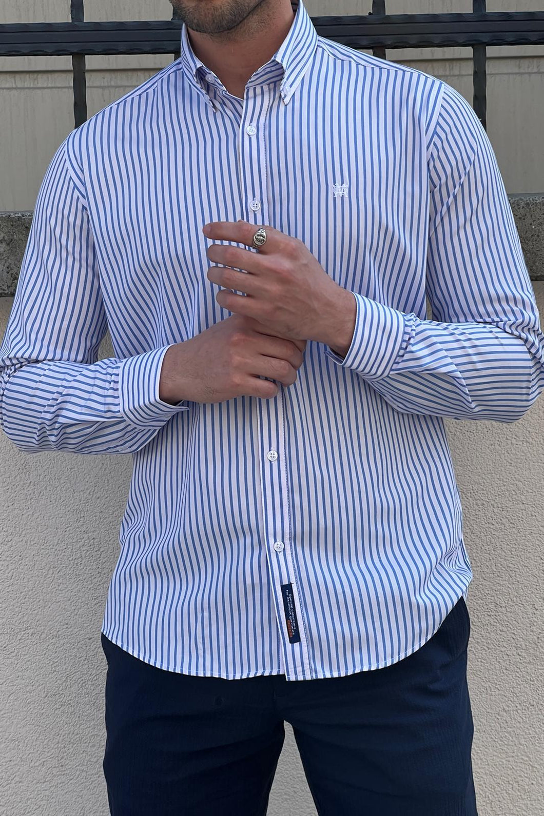 Simon Slim Fit Special Production High Quality White & Blue Stripe Shirt