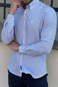 Simon Slim Fit Special Production High Quality White & Blue Stripe Shirt
