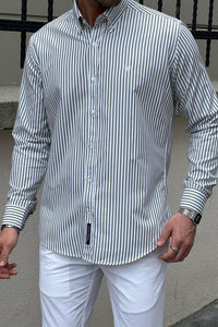 Simon Slim Fit Special Production High Quality White & Green Stripe Shirt