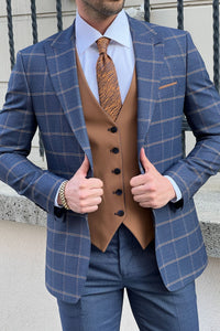 Simon Sim Fit Plaid Navy Blue Woolen Combination Suit