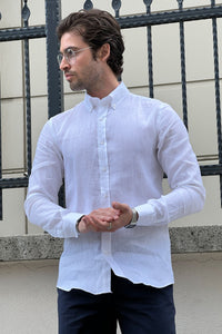 Simon Slim Fit Special Production High Quality White Linen Shirt