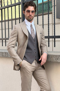 Simon Sim Fit Plaid Beige Woolen Combination Suit