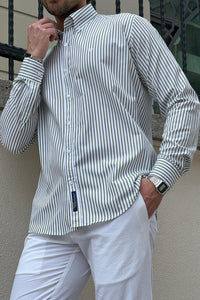 Simon Slim Fit Special Production High Quality White & Green Stripe Shirt