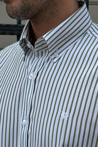 Simon Slim Fit Special Production High Quality White & Green Stripe Shirt