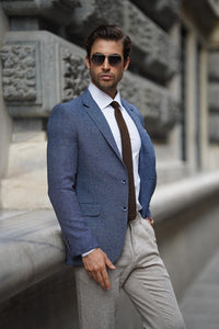 Simon Slim Fit High Quality Mono Collared Knitted Blue Blazer