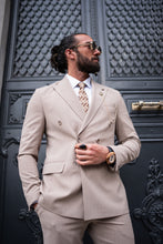 Load image into Gallery viewer, Watt Slim Fit Beige Self Patterned Double Breasted Suit
