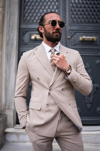 Watt Slim Fit Beige Self Patterned Double Breasted Suit