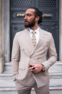 Watt Slim Fit Beige Self Patterned Double Breasted Suit