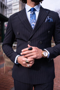Watt Slim Fit Navy Blue Self Patterned Double Breasted Suit