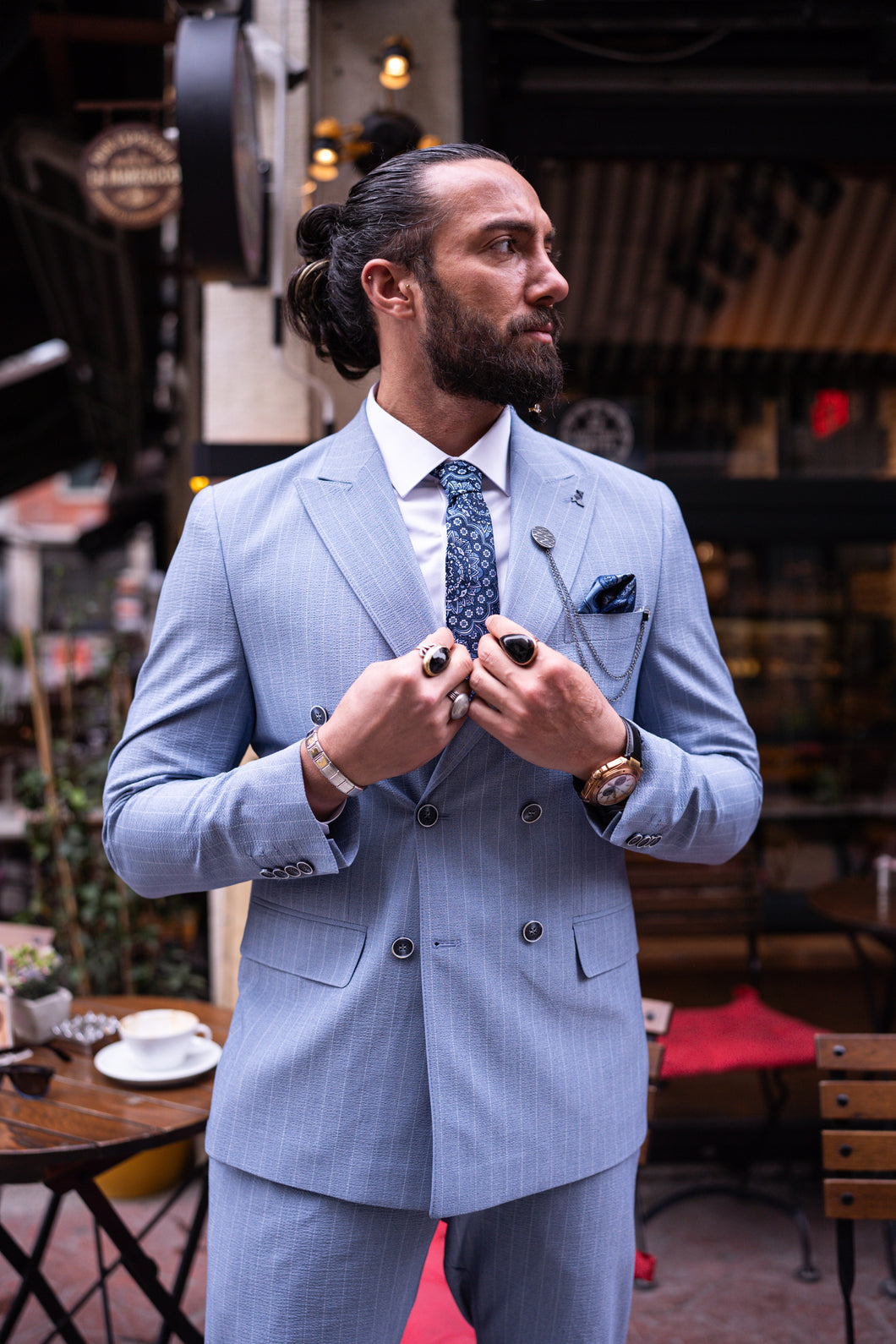 Watt Slim Fit Blue Self Patterned Double Breasted Suit 