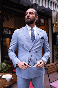 Watt Slim Fit Blue Self Patterned Double Breasted Suit&nbsp;
