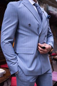 Watt Slim Fit Blue Self Patterned Double Breasted Suit&nbsp;