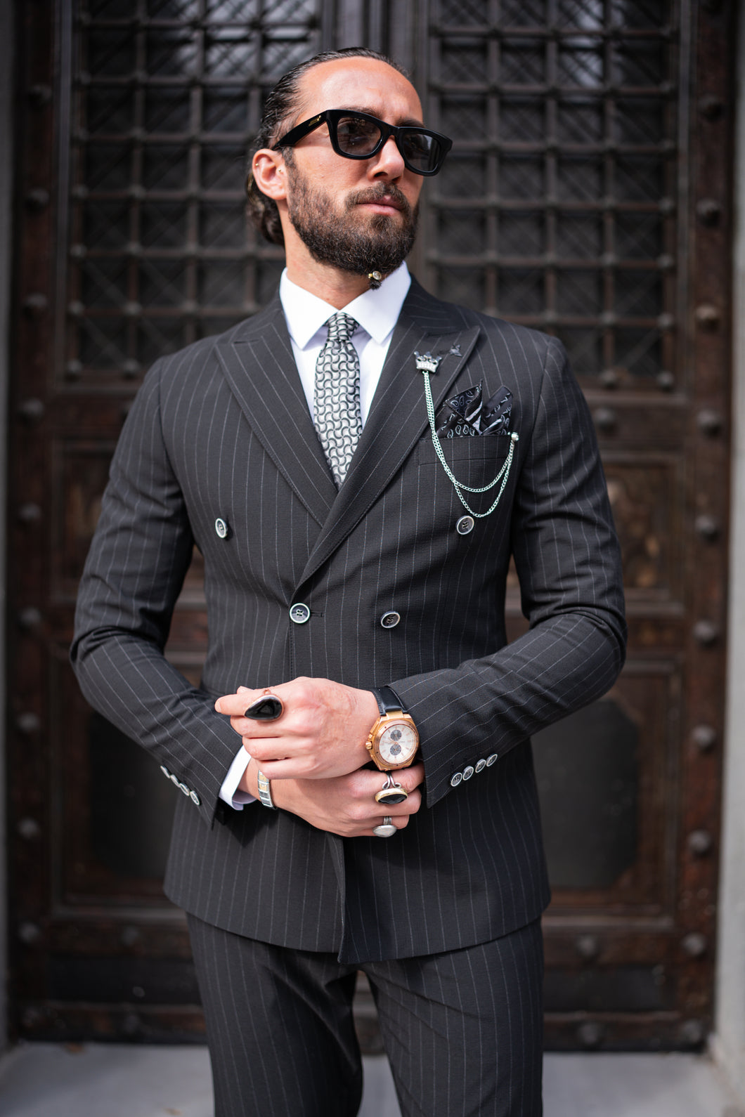 Watt Slim Fit Black Self Patterned Double Breasted Suit (Copy)