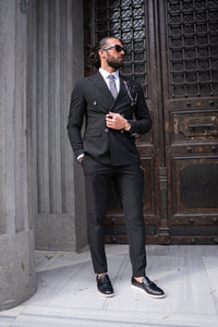 Watt Slim Fit Black Self Patterned Double Breasted Suit (Copy)