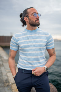 Watt Slim Fit Self-Patterned Short Sleeve Blue Knitwear