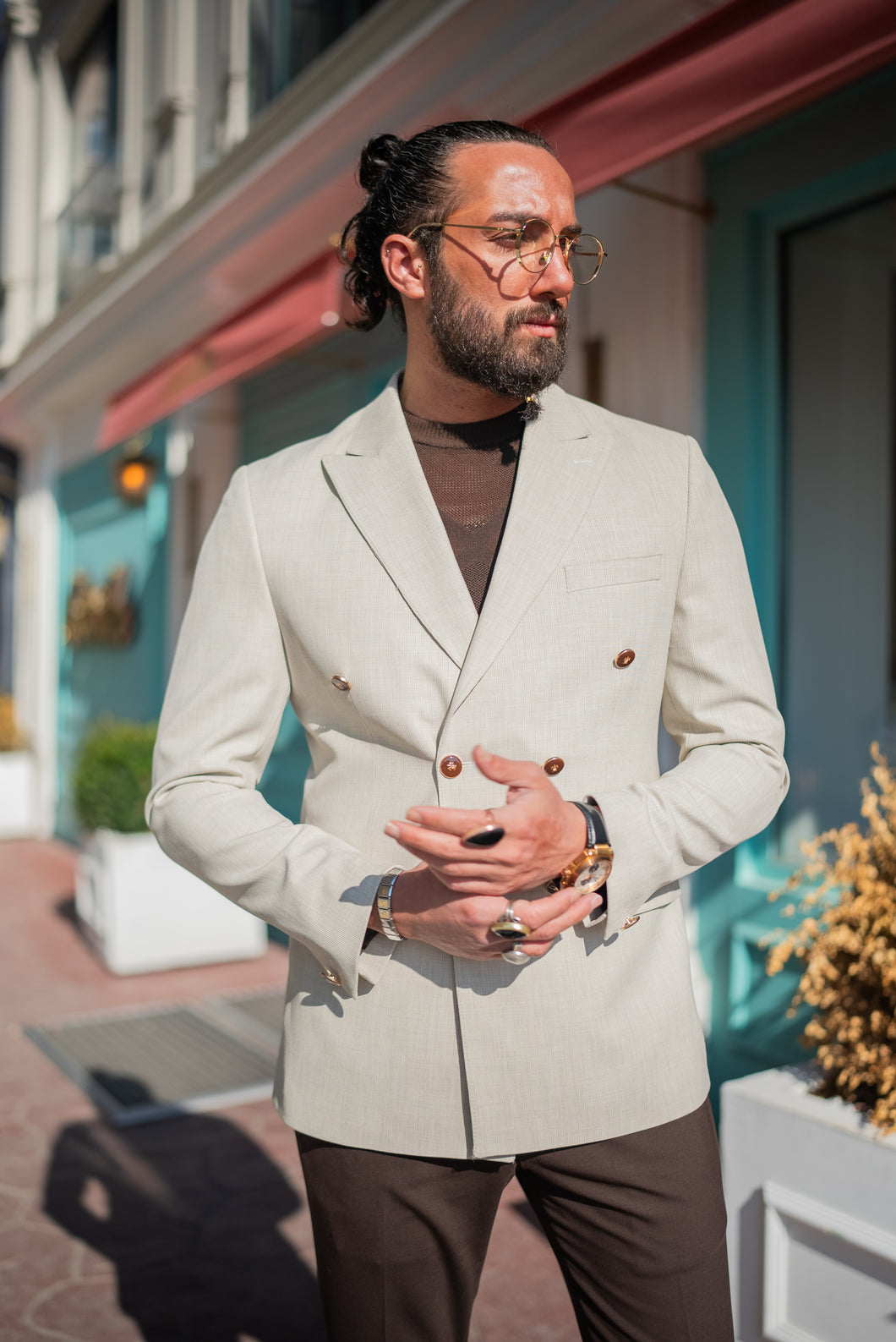 Watt Slim Fit Double Breasted Beige Blazer