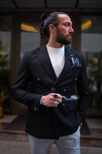 Watt Slim Fit Double Breasted Black Blazer