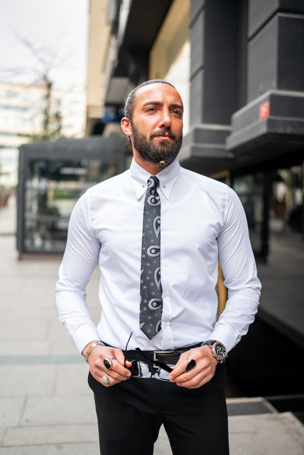 Watt Slim Fit White Satin Chain Collared Shirt