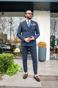 Watt Slim Fit Double Breasted Navy Suit