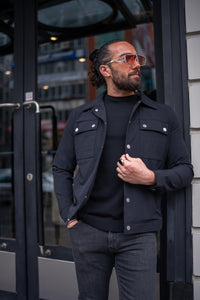 Watt Slim Fit Seasonal Black Coat with Shirt Collar and Metal Button